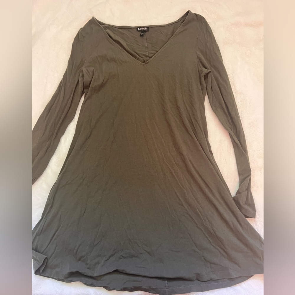 Express Olive Long Sleeve V-Neck Dress